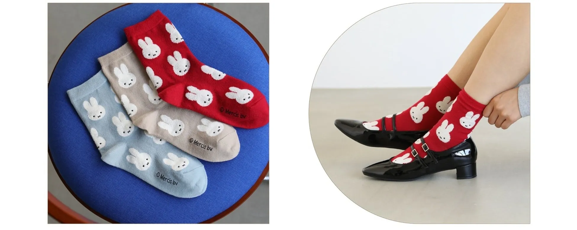 ミッフィーのキャラクターが描かれた靴下と、その靴下を履いた足と靴の写真。