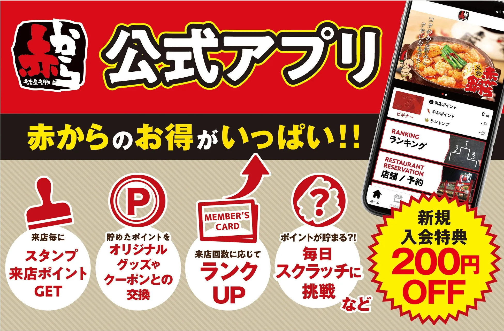 「赤から」の公式アプリのプロモーション画像。アプリの特典として、来店ポイント、ランクアップ、スクラッチ、新規入会特典200円OFFなどが紹介されている。