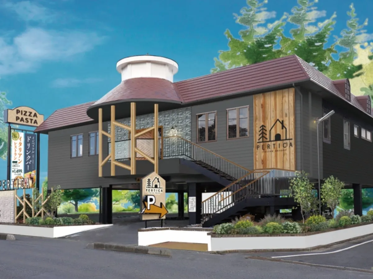 2階建てのレストランの外観の画像。