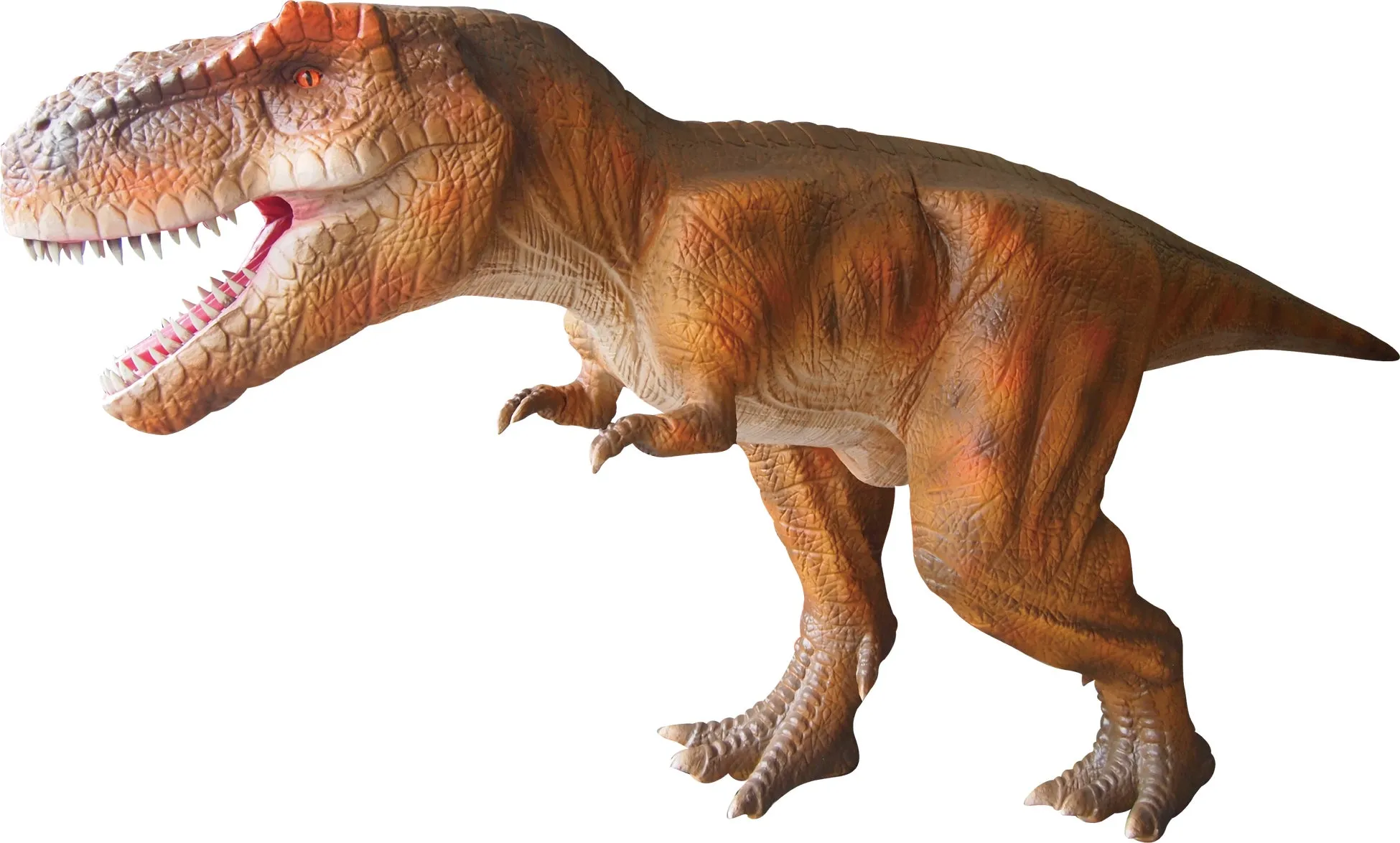 茶色の恐竜の置物。口を開けており、歯が見える。