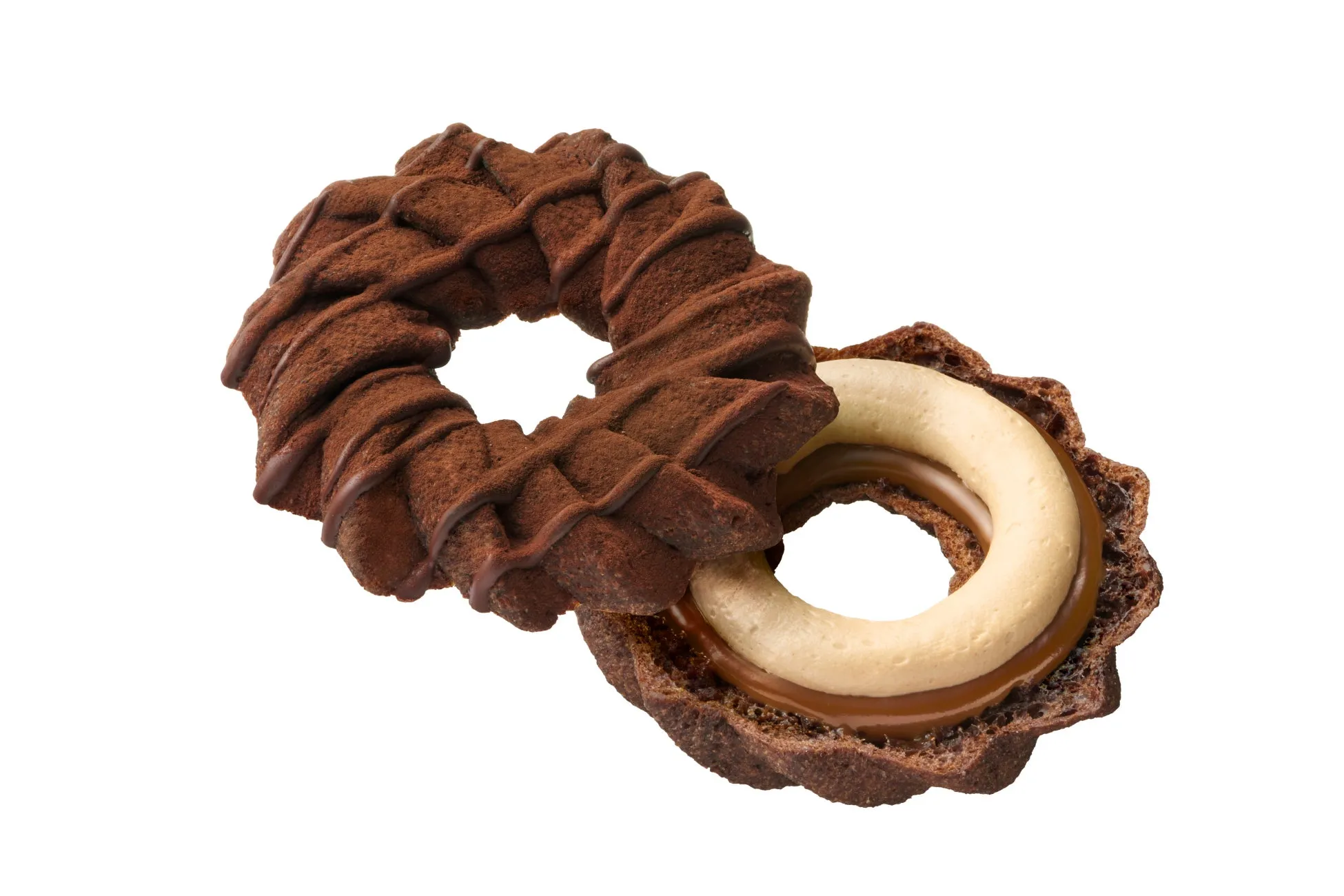 チョコレートでコーティングされたドーナツ型のクッキーのクローズアップ写真。クッキーは白い背景に分離されています。