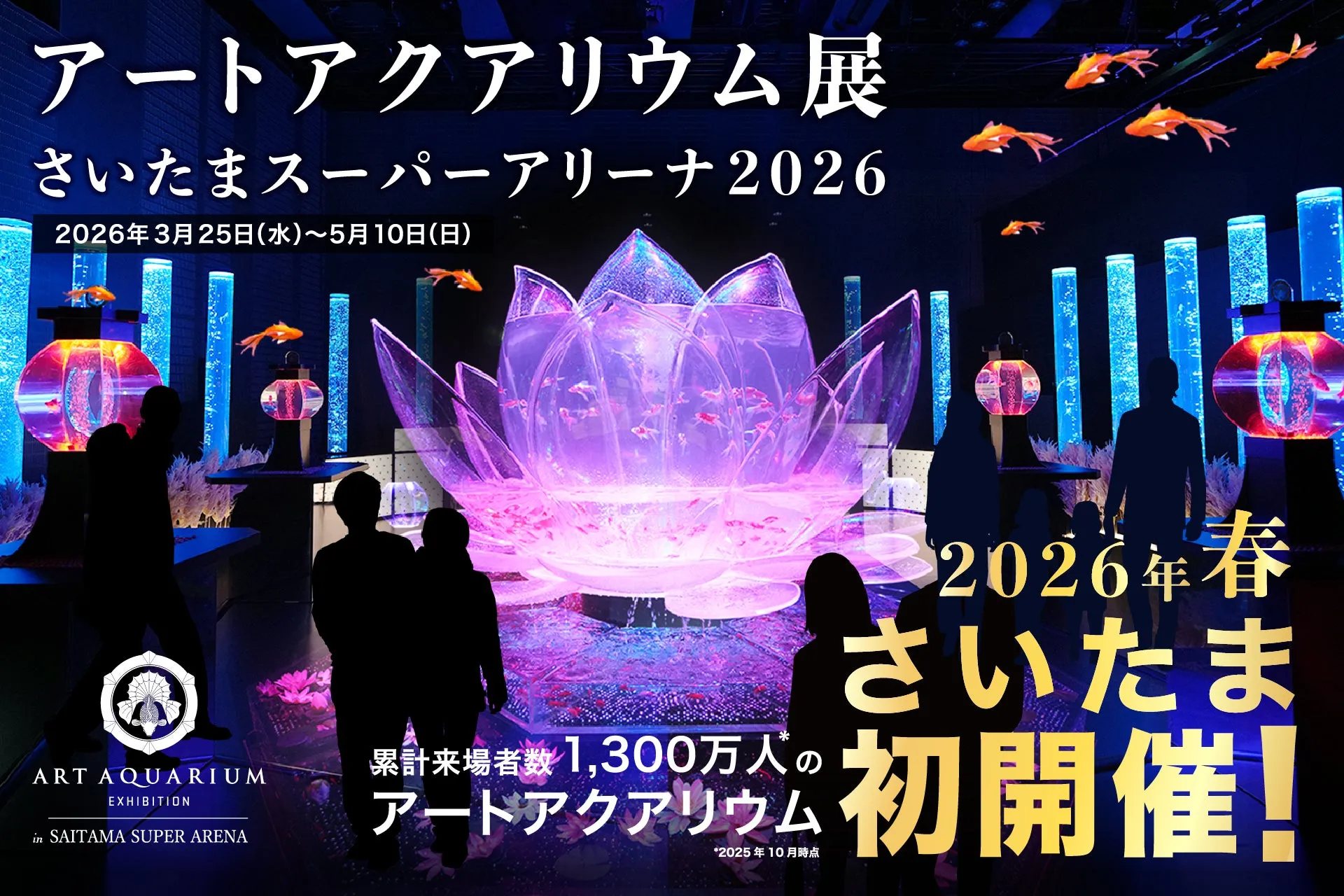 アートアクアリウム展のポスター。さいたまスーパーアリーナで開催され、2026年3月25日から5月10日まで。蓮の花をモチーフにした水槽が特徴的で、金魚が泳いでいる。初開催の文字が大きく表示されている。