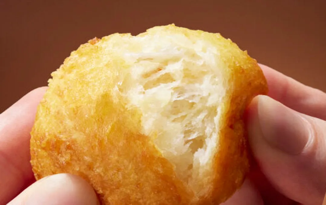 揚げ物の写真。手で持たれており、一部が食べられている。